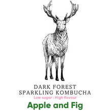 Load image into Gallery viewer, Dark Forest Sparkling Apple and Fig Kombucha label

