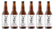 Load image into Gallery viewer, Dark Forest Sparkling Kombucha line up - Apple fig, fruits of forest, original, pink lemonade, dry ginger, and cherry
