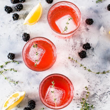 Load image into Gallery viewer, Dark Forest Sparkling Fruits of the Forest Kombucha in glasses with ice and fresh blackberries
